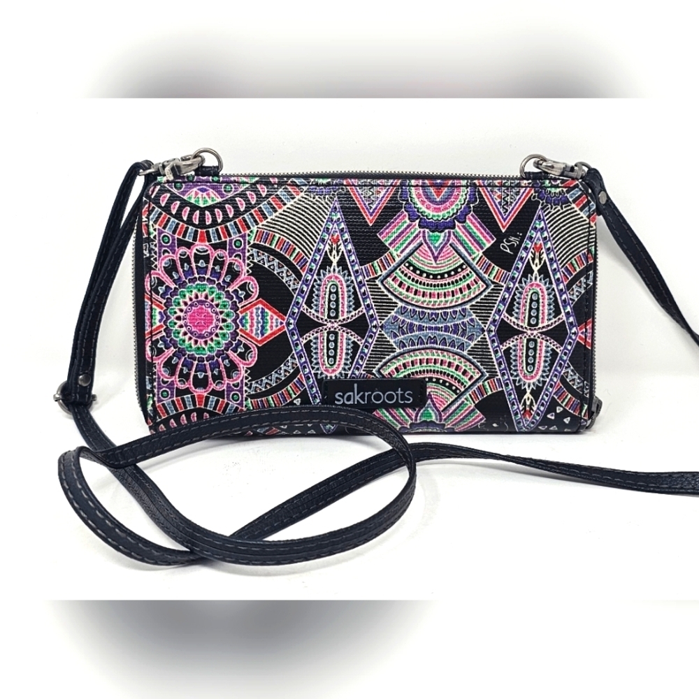 Sakroots Black Crossbody Wallet with Multicolor Mandala Print